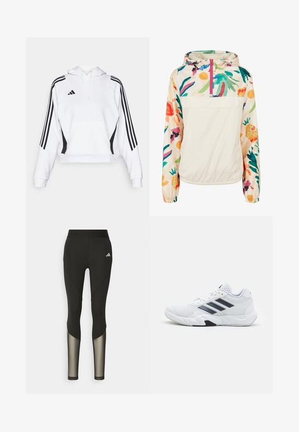 Lengvas, kreminės spalvos megztinis su gėlėmis ryškiomis spalvomis. Savybės: priekinis užtrauktukas, kapišonas ir elastingi rankogaliai, užtikrinantys tvirtą tinkamumą.; Balta sutra su trumpomis rankovėmis, su priekinėmis kišenėmis, juodais šonų akcentais ir trimis vertikaliomis juodomis juostomis ant kiekvienos rankovės. Reguliuojama kapučo virvutė.; Juodos sportinės legging'os su aukštu juosmeniu, turinčios tinklo akcentus apatiniuose šlaunų regionuose ir išsiuvinėtą logotipą ant klubų.; Baltas sportinis batelis su tinklelio viršumi, trimis juodomis juostelėmis šone, tekstūruotais akcentais ir tvirtu guminio pado su kontrastinga juoda dalimi.