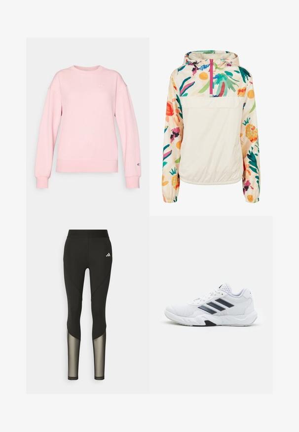 Veste à capuche légère en crème avec un motif floral aux couleurs vives. Elle dispose d'une fermeture éclair à l'avant et de poignets élastiques pour un ajustement sécurisé.; Sweat-shirt rose côtelé à manches longues, avec un col rond et un emblème de logo sur la poitrine et le poignet. Texture douce, ajusté à la taille.; Leggings de sport noirs avec une taille haute, présentant des accents en mesh sur le bas des jambes et un logo brodé sur la hanche.; Baskets blanches avec une tige en maille, trois rayures noires sur le côté, des accents texturés et une semelle en caoutchouc robuste avec une section noire contrastante.