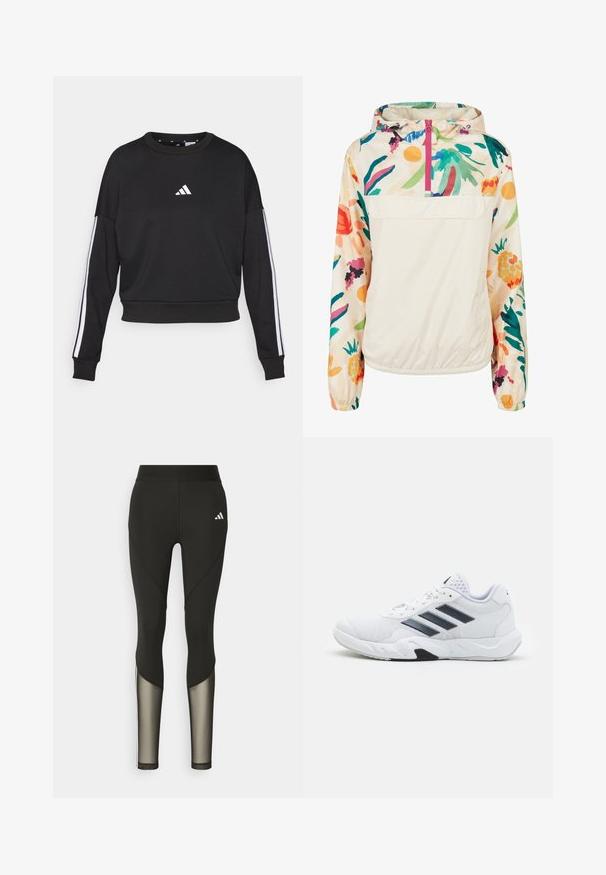 Gaišs, krēmkrāsas džemperis ar ziedu rakstu spilgtās krāsās. Iespējas ietver priekšējo rāvējslēdzēju, kapuci un elastīgas aproces drošai piegulšanai.; Melnā sporta krekla ar garām piedurknēm, apaļu kakla izgriezumu, balto Adidas logu uz krūtīm un baltām svītrām garām piedurknēm. Mīksta tekstūra.; Melna sporta leggingi ar augstu jostasvietu, kas ar tīkla akcentiem apakšējās kājās un iešūtu logo gurnā.; Baltā sporta apavi ar sietu augšdaļu, trīs melnām svītrām sānos, teksturētām akcentiem un izturīgu gumijas zoli ar kontrastējošu melnu daļu.