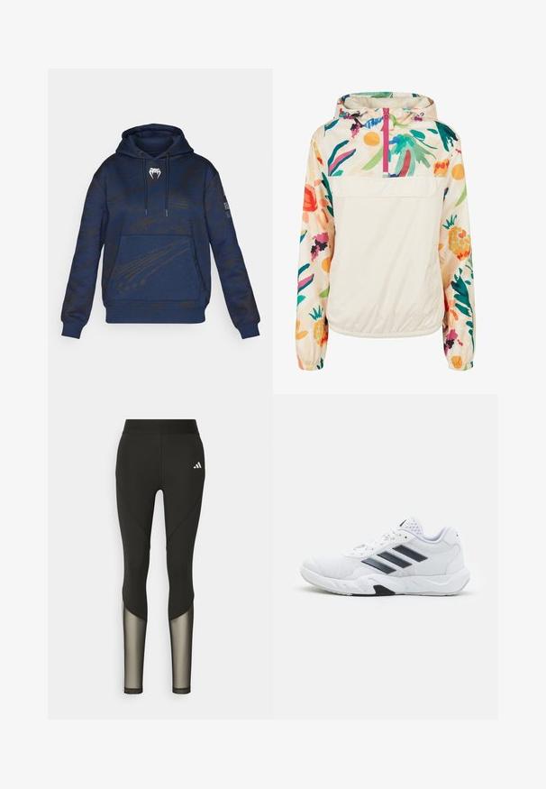 Lagani, krem pulover jakna s cvjetnim uzorkom u živim bojama. Ima prednji zip, kapuljaču i elastične manžete za sigurno prianjanje.; Tamno plavi dukserica s bordurama, s kengurubakom, i kapuljačom sa špagom. Ima bijeli logo na prsima i crne akcentne detalje.; Crne atletske tajice s visokim strukom, sa mrežastim detaljima na donjim nogavicama i izvezenim logotipom na kuku.; Bijela atletska cipela s mrežastim gornjim dijelom, tri crne pruge sa strane, strukturirani detalji i čvrst gumeni potplat s kontrastnim crnim dijelom.