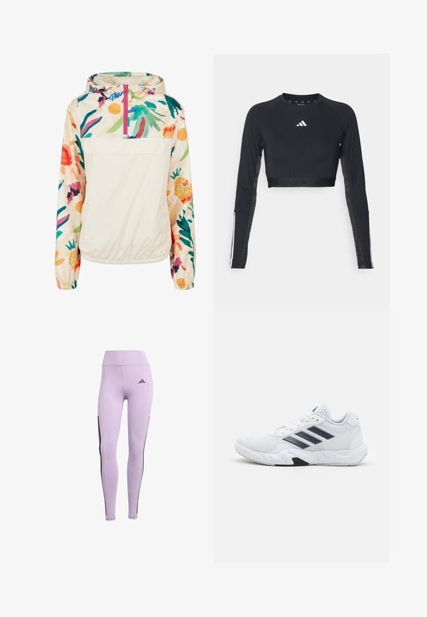 Lightweight, cream pullover jacket with a floral pattern in vibrant colors. Features a front zip, hood, and elastic cuffs for a secure fit.; Black cropped long-sleeve workout top made of smooth fabric. Features a white logo on the chest and striped accents on the sleeves.; Purple athletic leggings featuring a high waist, stretch fabric, black side stripes, and the Adidas logo on the front.; White athletic shoe with mesh upper, three black stripes on the side, textured accents, and a sturdy rubber sole with a contrasting black section.