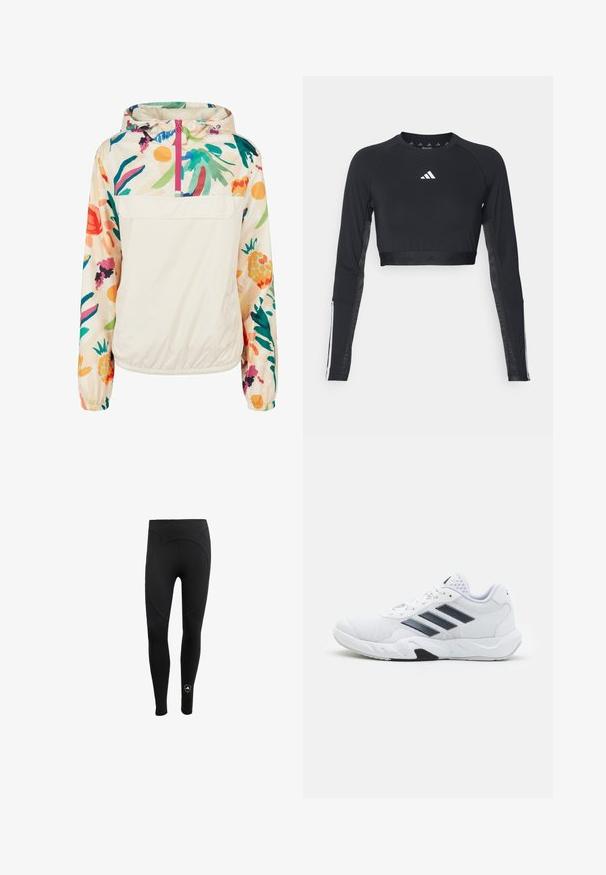 Könnyű, krémszínű pulóver dzseki élénk színekben pompázó virágmintával. Elöl cipzárral, kapucnival és elasztikus mandzsettákkal a biztonságos illeszkedés érdekében.; Fekete, cropped, hosszú ujjú edzőfelső sima anyagból. Fehér logó található a mellkasán, valamint csíkozott díszítések az ujjakon.; Női fekete leggings, rugalmas anyagból készült, magas derékkal és varrás nélküli dizájnnal, kör alakú hátsó résszel és logó részlettel.; Fehér sportcipő, hálós felsőrésszel, az oldalon három fekete csíkkal, textúrázott részletekkel és egy tartós gumi talppal, amelynek ellentétes fekete szakasza van.