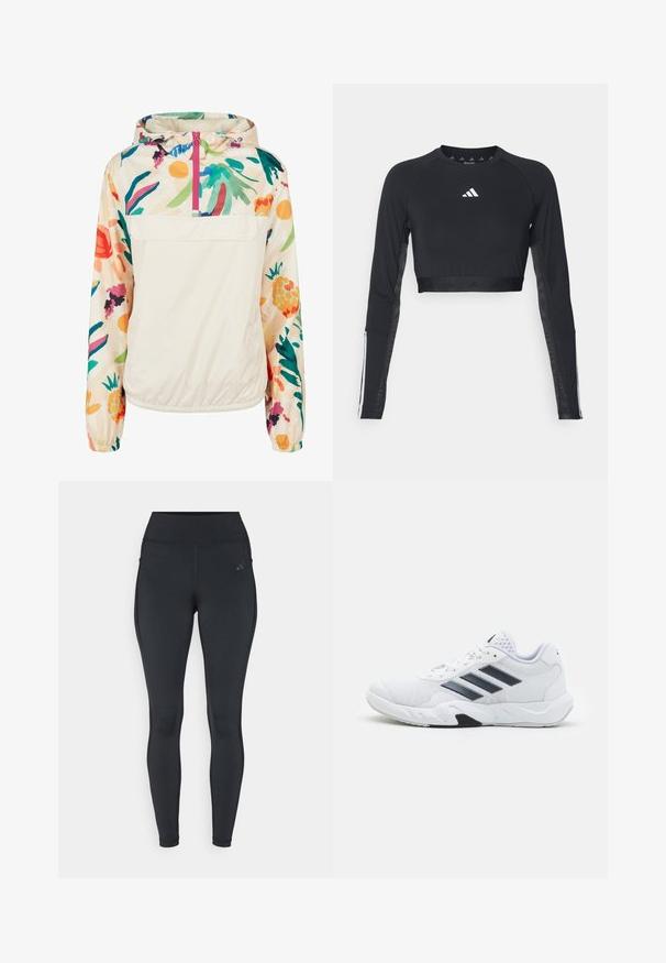 Lightweight, cream pullover jacket with a floral pattern in vibrant colors. Features a front zip, hood, and elastic cuffs for a secure fit.; Black cropped long-sleeve workout top made of smooth fabric. Features a white logo on the chest and striped accents on the sleeves.; Black leggings with a high waistband, sleek design, stretching fabric, and side pockets. Features subtle brand logo on the upper leg.; White athletic shoe with mesh upper, three black stripes on the side, textured accents, and a sturdy rubber sole with a contrasting black section.