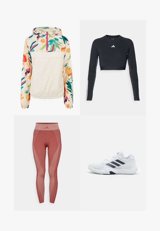 Lehký krémový pulover s květinovým vzorem v živých barvách. Má přední zip, kapuci a elastické manžety pro bezpečné nošení.; Černý zkrácený top s dlouhým rukávem na cvičení vyrobený z hladké tkaniny. Má bílou značku na hrudi a pruhované detaily na rukávech.; Červené pletené legíny s vysokým pasem, zdobené texturovanými vzory a diagonálními pruhy. Materiál vypadá elasticky a těsně přiléhá.; Bílé sportovní boty s vrškem ze síťoviny, třemi černými pruhy po stranách, texturovanými akcenty a odolnou gumovou podrážkou s kontrastní černou částí.