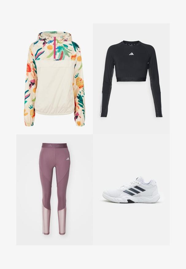 Lightweight, cream pullover jacket with a floral pattern in vibrant colors. Features a front zip, hood, and elastic cuffs for a secure fit.; Black cropped long-sleeve workout top made of smooth fabric. Features a white logo on the chest and striped accents on the sleeves.; adidas Performance Leggings - shadow fig/white; White athletic shoe with mesh upper, three black stripes on the side, textured accents, and a sturdy rubber sole with a contrasting black section.