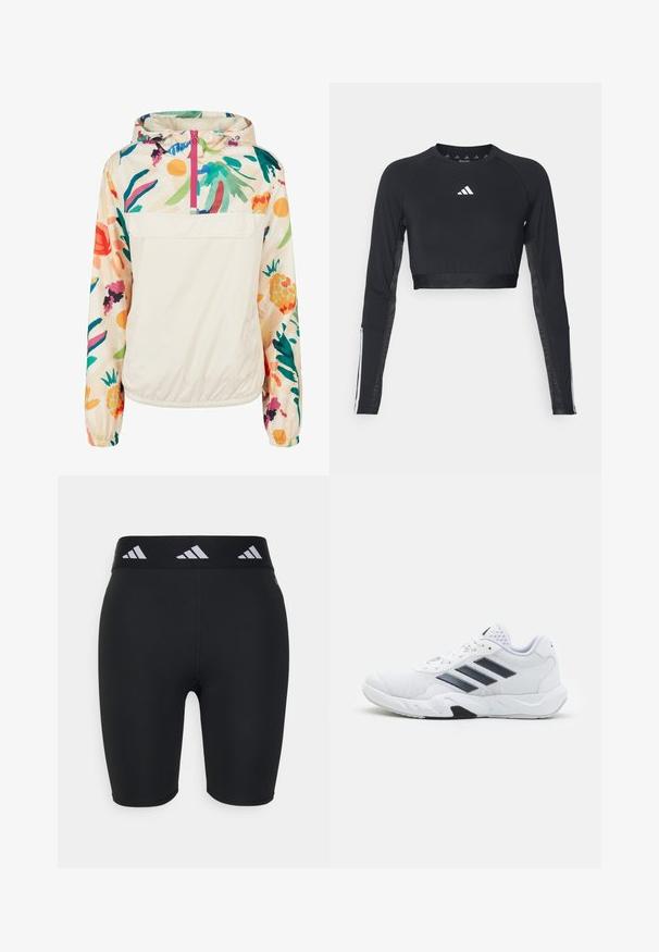 Giacca leggera a pullover in crema con un motivo floreale dai colori vivaci. Caratterizzata da una zip anteriore, cappuccio e polsini elastici per una vestibilità sicura.; Top da allenamento nero a maniche lunghe e cropped realizzato in tessuto morbido. Presenta un logo bianco sul petto e accenti a righe sulle maniche.; Pantaloni sportivi neri con un design aderente, realizzati in materiale elastico. Presentano una cintura larga nera con accenti bianchi del marchio.; Scarpa sportiva bianca con tomaia in mesh, tre strisce nere sui lati, dettagli testurizzati e una suola in gomma robusta con una sezione nera a contrasto.