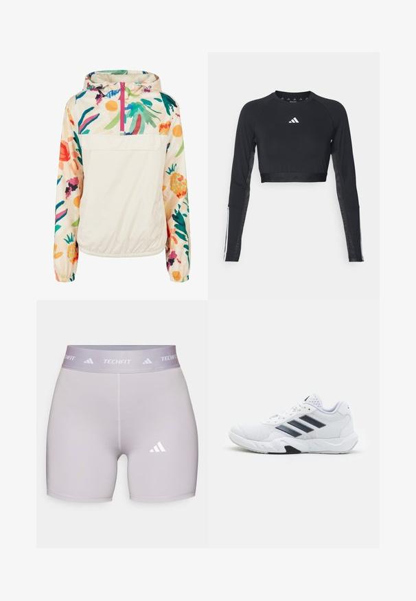 Giacca leggera a pullover in crema con un motivo floreale dai colori vivaci. Caratterizzata da una zip anteriore, cappuccio e polsini elastici per una vestibilità sicura.; Top da allenamento nero a maniche lunghe e cropped realizzato in tessuto morbido. Presenta un logo bianco sul petto e accenti a righe sulle maniche.; adidas Performance Leggings - glory grey; Scarpa sportiva bianca con tomaia in mesh, tre strisce nere sui lati, dettagli testurizzati e una suola in gomma robusta con una sezione nera a contrasto.