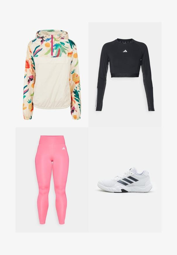 Veste à capuche légère en crème avec un motif floral aux couleurs vives. Elle dispose d'une fermeture éclair à l'avant et de poignets élastiques pour un ajustement sécurisé.; Haut d'entraînement noir à manches longues et coupé, en tissu lisse. Présente un logo blanc sur la poitrine et des accents rayés sur les manches.; Leggings taille haute roses avec une texture lisse et brillante. Présente une marque à trois bandes blanches sur le côté gauche. Taille élastique.; Baskets blanches avec une tige en maille, trois rayures noires sur le côté, des accents texturés et une semelle en caoutchouc robuste avec une section noire contrastante.