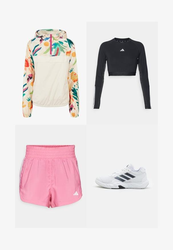 Lengvas, kreminės spalvos megztinis su gėlėmis ryškiomis spalvomis. Savybės: priekinis užtrauktukas, kapišonas ir elastingi rankogaliai, užtikrinantys tvirtą tinkamumą.; Juodas trumpas ilgomis rankovėmis treniruočių marškinėliai, pagaminti iš lygaus audinio. Apdailos ant krūtinės balta logotipas ir juostelės akcentai ant rankovių.; Rožinės sportinės šortai su elastinga juosta, su baltais šonais ir mažyte balta logo apatinėje dešinėje pusėje.; Baltas sportinis batelis su tinklelio viršumi, trimis juodomis juostelėmis šone, tekstūruotais akcentais ir tvirtu guminio pado su kontrastinga juoda dalimi.