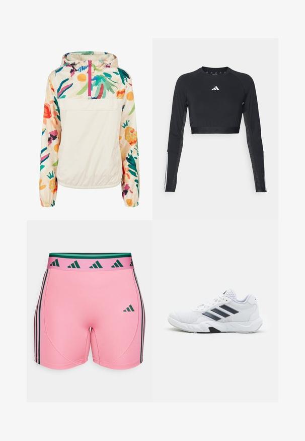 Letvægts, cremet pullover-jakke med et blomsterdesign i strålende farver. Har en lynlås foran, hætte og elastiske manchetter for en sikker pasform.; Sort cropped træningstop med lange ærmer lavet af glat stof. Har et hvidt logo på brystet og stribede detaljer på ærmerne.; Lyserøde atletiske shorts med en strækbar, glat tekstur, der har grønne og sorte lodrette striber langs siderne og en matchende talje.; Hvid atletisk sko med mesh-overdel, tre sorte striber på siden, strukturerede accenter og en robust gummisål med et kontrasterende sort område.