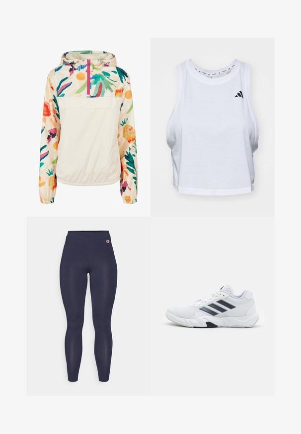 Giacca leggera a pullover in crema con un motivo floreale dai colori vivaci. Caratterizzata da una zip anteriore, cappuccio e polsini elastici per una vestibilità sicura.; Top corto bianco realizzato in tessuto leggero con scollatura rotonda. Presenta un logo nero sul lato sinistro e una texture liscia.; Leggings blu navy realizzati in tessuto elasticizzato, con vita alta e un piccolo logo accentato vicino all'anca. Nessun motivo o texture visibili.; Scarpa sportiva bianca con tomaia in mesh, tre strisce nere sui lati, dettagli testurizzati e una suola in gomma robusta con una sezione nera a contrasto.