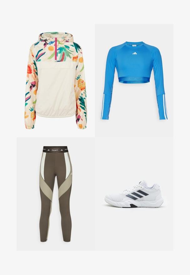 Kevyt, kerma värinen pullover-takki, jossa on kirkkaanvärinen kukkakuosi. Varustettu edessä olevalla vetoketjulla, hupulla ja elastisilla hihansuilla, jotka takaavat mukavan istuvuuden.; Sininen pitkähihainen cropped-urheilupaita, joka on valmistettu sileästä materiaalista. Hihansuissa valkoiset raidat ja rinnassa pieni logo.; adidas Performance TECHFIT 7/8 - Trikoot - shadow olive/silver pebble; Valkoiset urheilukengät, joissa on verkkomateriaali päällisessä, kolme mustaa raitaa sivussa, teksturoidut yksityiskohdat ja kestävä kumipohja, jossa on kontrastina musta osa.
