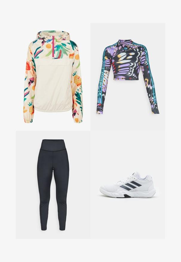Chaqueta ligera de crema con un patrón floral en colores vibrantes. Presenta un cierre frontal, capucha y puños elásticos para un ajuste seguro.; Sudadera deportiva de manga larga y corta con un patrón colorido de alas de mariposa y detalles en tres franjas color azul verdoso en las mangas.; Leggings deportivos de talle alto en color negro, con costuras planas, diseñados para un ajuste ceñido y flexibilidad.; Zapatilla deportiva blanca con parte superior de malla, tres franjas negras a los lados, acentos texturizados y una suela de goma resistente con una sección negra en contraste.