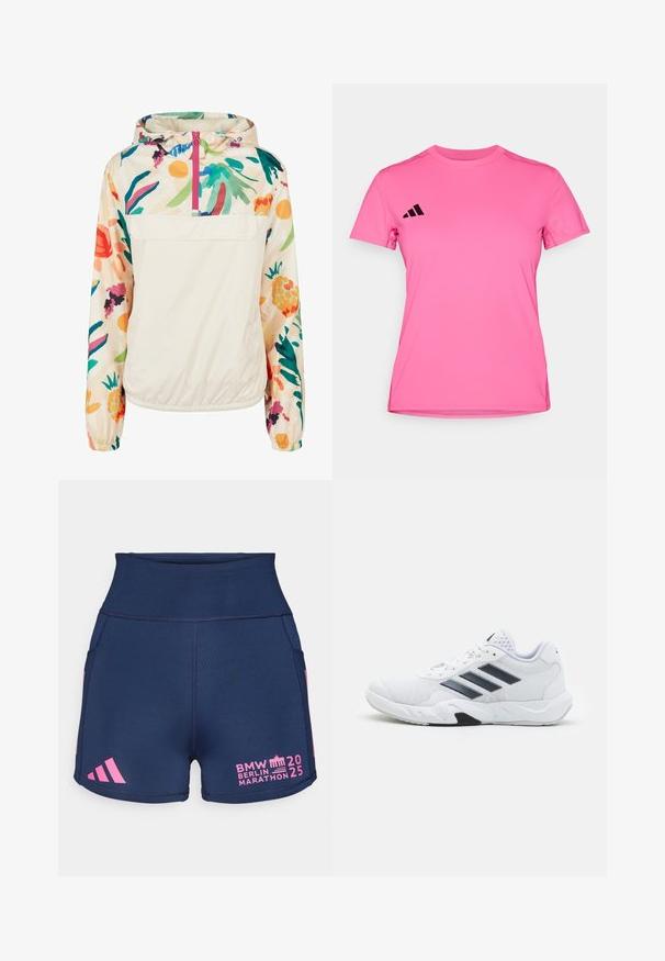 Lekka, kremowa kurtka z kapturem z kwiatowym wzorem w intensywnych kolorach. Posiada zamek z przodu, kaptur i elastyczne mankiety dla pewnego dopasowania.; Różowa koszulka sportowa wykonana z lekkiego materiału. Posiada krótkie rękawy, okrągły dekolt oraz czarne logo z trzema paskami na lewym ramieniu.; adidas Performance - Krótkie legginsy do biegania; Białe buty sportowe z siateczkową cholewką, trzy czarne paski po boku, teksturowane akcenty i solidna gumowa podeszwa z kontrastującą czarną sekcją.