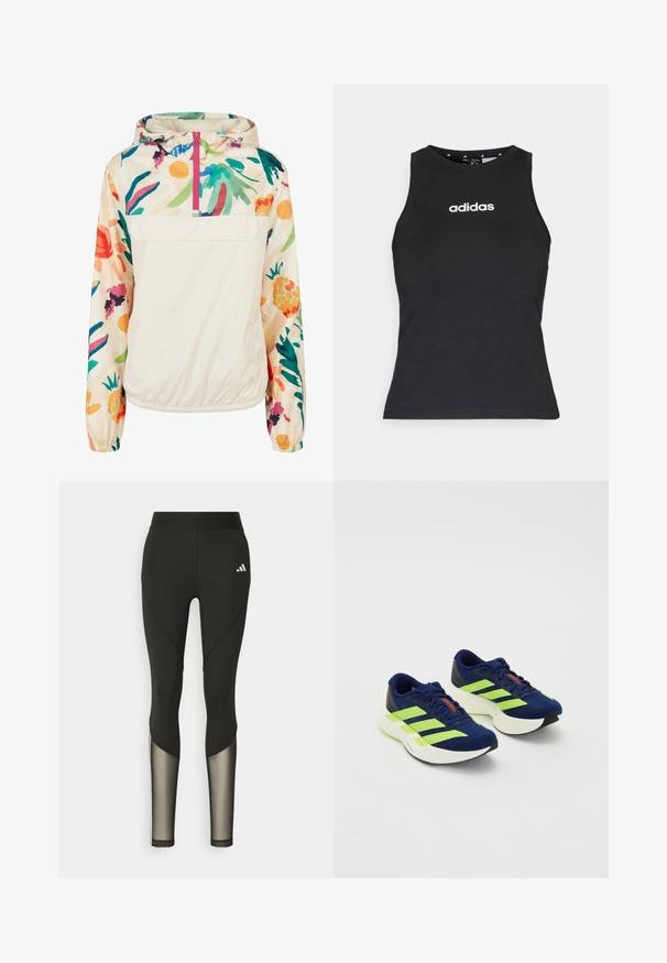 Ľahká, krémová puloverová bunda s kvetinovým vzorom v živých farbách. Obsahuje predný zips, kapucňu a elastické manžety pre bezpečné uchytenie.; Čierny top bez rukávov vyrobený z bavlny, s okrúhlym výstrihom a bielym logom "adidas" umiestneným na hrudi. Hladká textúra, klasický strih.; Čierne atletické legíny s vysokým pásom, ktoré majú sieťové akcenty na dolných nohách a vyšívané logo na bokoch.; Modré bežecké topánky s neonovo zelenými pruhmi, textúrovaný zvršok, polstrovaná biela podrážka, viazací dizajn a červený akcent na jazyku.