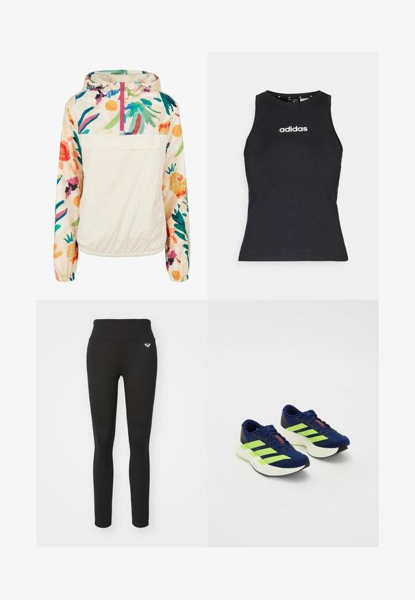 Lekka, kremowa kurtka z kapturem z kwiatowym wzorem w intensywnych kolorach. Posiada zamek z przodu, kaptur i elastyczne mankiety dla pewnego dopasowania.; Czarny bezrękawnik wykonany z bawełny, z okrągłym dekoltem i białym logo "adidas" umiejscowionym na środku klatki piersiowej. Gładka tekstura, regularny krój.; Czarne legginsy z wysokim stanem, wykonane z elastycznego materiału. Posiadają małe logo na biodrze oraz gładką, matową fakturę.; Granatowe buty do biegania z neonowozielonymi paskami, strukturalnym wierzchem, białą, amortyzującą podeszwą, wiązanym designem i czerwonym akcentem na języku.