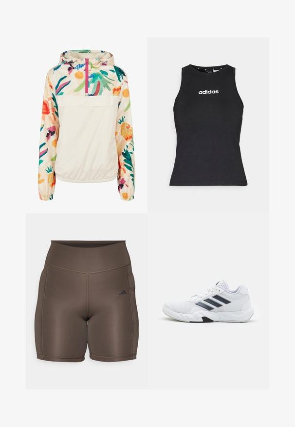 Lightweight, cream pullover jacket with a floral pattern in vibrant colors. Features a front zip, hood, and elastic cuffs for a secure fit.; Black sleeveless top made of cotton, featuring a round neckline and white "adidas" logo centered on the chest. Smooth texture, regular fit.; Brown athletic shorts with a smooth texture, high waistband, and contrasting dark seams. Features a small black logo on the left side.; White athletic shoe with mesh upper, three black stripes on the side, textured accents, and a sturdy rubber sole with a contrasting black section.