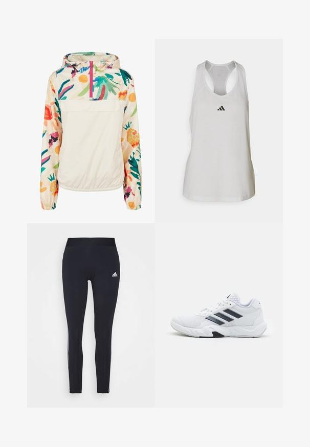 Lengvas, kreminės spalvos megztinis su gėlėmis ryškiomis spalvomis. Savybės: priekinis užtrauktukas, kapišonas ir elastingi rankogaliai, užtikrinantys tvirtą tinkamumą.; Balta sportinė marškinėliai, pagaminti iš lengvos medžiagos, su lenktu nugara ir maža juoda logotipo etikete ant krūtinės.; Jūriniai leggingai, pagaminti iš tamprios medžiagos, su plačiu juosmeniu ir baltais šonų dryžiais, viršuje kairėje pusėje esant Adidas logotipui.; Baltas sportinis batelis su tinklelio viršumi, trimis juodomis juostelėmis šone, tekstūruotais akcentais ir tvirtu guminio pado su kontrastinga juoda dalimi.