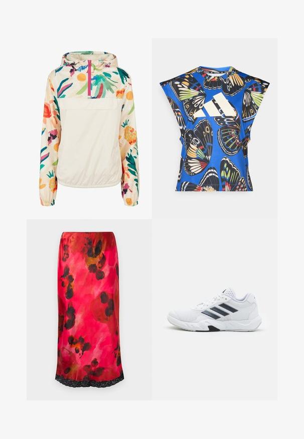 Giacca leggera a pullover in crema con un motivo floreale dai colori vivaci. Caratterizzata da una zip anteriore, cappuccio e polsini elastici per una vestibilità sicura.; Camicia blu a maniche corte con una vivace stampa di farfalle in vari colori, dotata di un grande logo bianco sul davanti e di un collo rotondo.; Gonna midi in satin con un motivo floreale ad acquerello rosa, rifiniture nere e pizzo lungo l'orlo. Tessuto morbido, silhouette aderente.; Scarpa sportiva bianca con tomaia in mesh, tre strisce nere sui lati, dettagli testurizzati e una suola in gomma robusta con una sezione nera a contrasto.