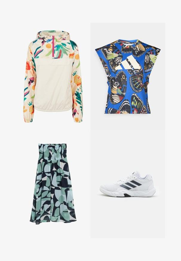 Veste à capuche légère en crème avec un motif floral aux couleurs vives. Elle dispose d'une fermeture éclair à l'avant et de poignets élastiques pour un ajustement sécurisé.; Chemise bleue à manches courtes ornée d'un imprimé de papillons colorés, avec un grand logo blanc sur le devant et un col rond.; Jupe évasée dans un imprimé abstrait bleu ciel et marine. Caractérisée par une taille smockée et un tissu fluide et léger avec une texture douce.; Baskets blanches avec une tige en maille, trois rayures noires sur le côté, des accents texturés et une semelle en caoutchouc robuste avec une section noire contrastante.