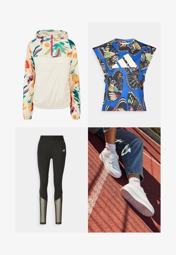 Könnyű, krémszínű pulóver dzseki élénk színekben pompázó virágmintával. Elöl cipzárral, kapucnival és elasztikus mandzsettákkal a biztonságos illeszkedés érdekében.; Kék, rövid ujjú ing, amelyet élénk pillangó mintázat díszít különböző színekben, az elején egy nagy fehér logóval és kerek nyakkivágással.; Fekete sport leggings, magas derékkal, hálós díszítéssel az alsó lábszárakon és hímzett logóval a csípőn.; Fehér bőr sportcipők perforált orral, lapos fűzőkkel és gumitalppal. Fehér zoknival és világoskék farmernadrággal viselve, egy piros futópályán.