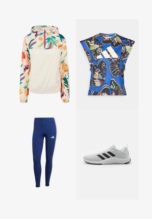 Letvægts, cremet pullover-jakke med et blomsterdesign i strålende farver. Har en lynlås foran, hætte og elastiske manchetter for en sikker pasform.; Blå kortærmet skjorte med et livligt sommerfuglemønster i forskellige farver, med et stort hvidt logo på forsiden og en rund halsudskæring.; Mørkeblå leggings med hvide sidestropper og et mærkelogo på underbenet. Fremstillet af strækbart materiale for komfort og bevægelse.; Hvide atletiksko med sorte striber, mesh-overdel, gummisål og teksturerede detaljer. Har en afrundet tå og polstret krave.