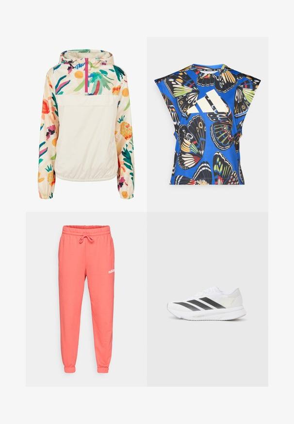 Chaqueta ligera de crema con un patrón floral en colores vibrantes. Presenta un cierre frontal, capucha y puños elásticos para un ajuste seguro.; Camisa de manga corta azul con un vibrante estampado de mariposas en varios colores, con un gran logo blanco en la parte delantera y un escote redondo.; Pantalones de chándal color coral con cintura elástica y cordón ajustable. Tobillos con puños y logo blanco de Adidas impreso en la cadera.; Zapatilla deportiva blanca con rayas diagonales negras, parte superior de malla, punta redondeada y suela texturizada. Los acentos incluyen un talón plateado y un diseño minimalista.