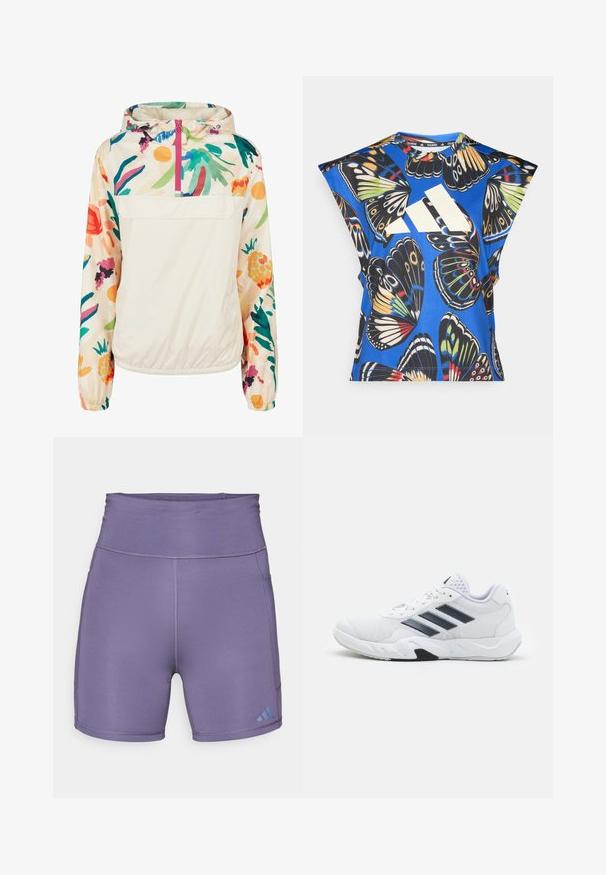 Lichtgewicht, crèmekleurige pulloverjack met een bloemenpatroon in levendige kleuren. Voorzien van een rits aan de voorkant, een capuchon en elastische manchetten voor een omsloten pasvorm.; Blauw T-shirt met korte mouwen, versierd met een levendige vlinderprint in verschillende kleuren, met een groot wit logo aan de voorkant en een ronde halslijn.; Paarse sportieve shorts met een hoge tailleband, een gladde textuur en een contrasterend blauw logo op de linkeronderzijde. Voorzien van vlakke naden.; Witte sportieve schoen met een bovenwerk van mesh, drie zwarte strepen aan de zijkant, gestructureerde accenten en een stevige rubberen zool met een contrasterend zwart gedeelte.