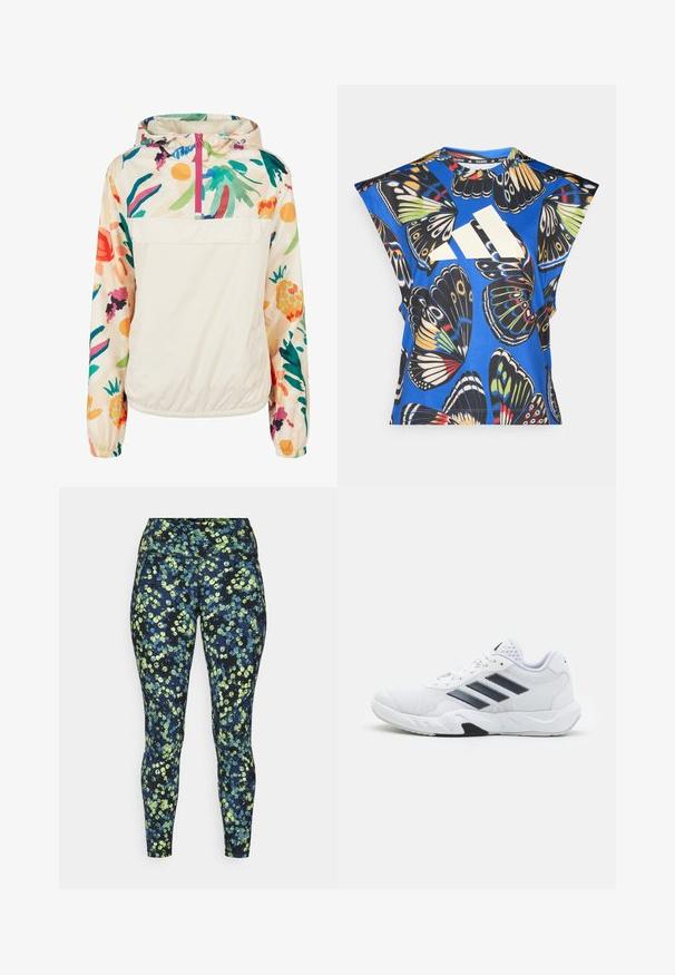 Gaišs, krēmkrāsas džemperis ar ziedu rakstu spilgtās krāsās. Iespējas ietver priekšējo rāvējslēdzēju, kapuci un elastīgas aproces drošai piegulšanai.; Zils īsām piedurknēm krekls ar dzīvīgu tauriņu drukājumu dažādās krāsās, ar lielu baltu logo priekšpusē un apaļu kakla izgriezumu.; Tievās legingas, tumši zilā tonī ar zaļiem un ziliem abstraktiem punktiem. Iezīmē plaša josta un izturīgs materiāls.; Baltā sporta apavi ar sietu augšdaļu, trīs melnām svītrām sānos, teksturētām akcentiem un izturīgu gumijas zoli ar kontrastējošu melnu daļu.