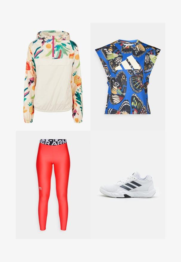 Jachetă pulover ușoară, din crem, cu un model floral în culori vibrante. Are un fermoar frontal, gluga și manșete elastice pentru o fixare sigură.; Cămașă albastră cu mânecă scurtă, decorată cu un imprimeu vibrant de fluturi în diverse culori, având un mare logo alb pe față și un guler rotund.; Leggings roșii dintr-un material neted și elastic, cu un tiv negru pe care este inscripționat "UNDER ARMOUR" în alb. Logo mic pe piciorul inferior.; Adidași albi cu partea superioară din plasă, trei dungi negre pe lateral, accente texturate și o talpă din cauciuc solidă cu o secțiune contrastantă neagră.