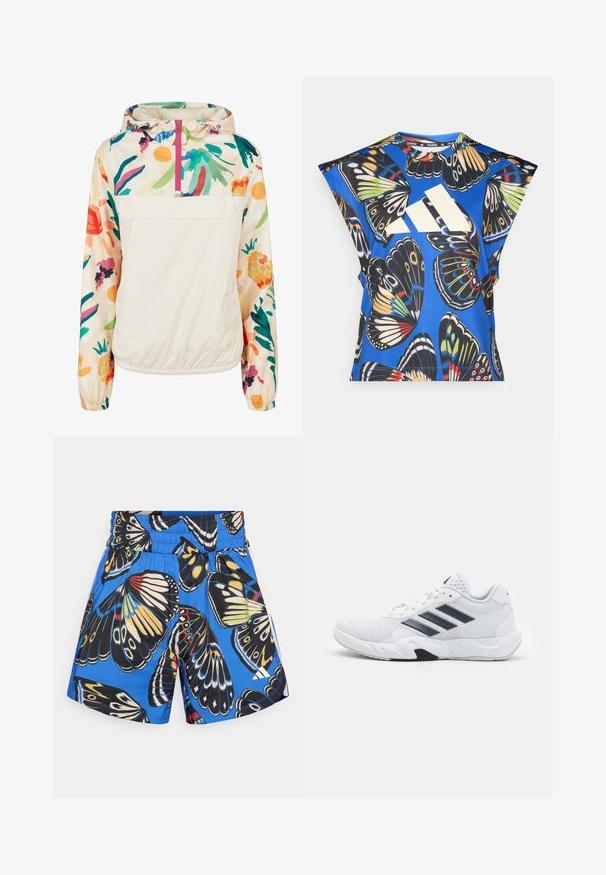 Lahki, kremni pulover jakna s cvetličnim vzorcem v živih barvah. Ima sprednji zadrgo, kapuco in elastične manšete za varen oprijem.; Modra kratka majica s kratkimi rokavi, ki vsebuje živahno potisk z metulji v različnih barvah, z velikim belim logotipom spredaj in okroglim izrezom.; Modre kratke hlače z motivom metulja v črni, rumeni in rdeči barvi. Elastičen pas in stranski žepi, izdelane iz lahkega materiala.; Bela atletska čevlja z mrežastim zgornjim delom, tremi črnimi črtami na strani, teksturiranimi dodatki in trdim gumijastim podplatom z kontrastnim črnim delom.