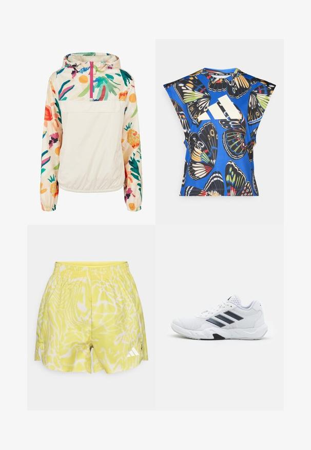 Könnyű, krémszínű pulóver dzseki élénk színekben pompázó virágmintával. Elöl cipzárral, kapucnival és elasztikus mandzsettákkal a biztonságos illeszkedés érdekében.; Kék, rövid ujjú ing, amelyet élénk pillangó mintázat díszít különböző színekben, az elején egy nagy fehér logóval és kerek nyakkivágással.; Fényes sárga sportnadrág hullámos fehér mintával, rugalmas derékpánttal és oldalsó hasítékokkal. Az egyik lábán fehér logó akcentussal rendelkezik.; Fehér sportcipő, hálós felsőrésszel, az oldalon három fekete csíkkal, textúrázott részletekkel és egy tartós gumi talppal, amelynek ellentétes fekete szakasza van.