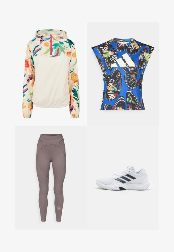Giacca leggera a pullover in crema con un motivo floreale dai colori vivaci. Caratterizzata da una zip anteriore, cappuccio e polsini elastici per una vestibilità sicura.; Camicia blu a maniche corte con una vivace stampa di farfalle in vari colori, dotata di un grande logo bianco sul davanti e di un collo rotondo.; adidas by Stella McCartney Leggings - charcoal; Scarpa sportiva bianca con tomaia in mesh, tre strisce nere sui lati, dettagli testurizzati e una suola in gomma robusta con una sezione nera a contrasto.