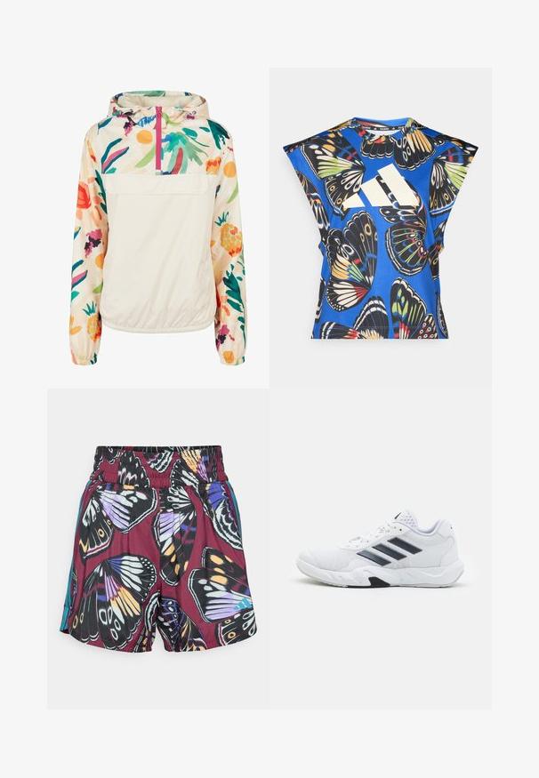Jachetă pulover ușoară, din crem, cu un model floral în culori vibrante. Are un fermoar frontal, gluga și manșete elastice pentru o fixare sigură.; Cămașă albastră cu mânecă scurtă, decorată cu un imprimeu vibrant de fluturi în diverse culori, având un mare logo alb pe față și un guler rotund.; Shorts cu un imprimeu vibrant cu fluturi în nuanțe de violet, negru și portocaliu. Talie elastică cu accente laterale subtile în turcoaz.; Adidași albi cu partea superioară din plasă, trei dungi negre pe lateral, accente texturate și o talpă din cauciuc solidă cu o secțiune contrastantă neagră.
