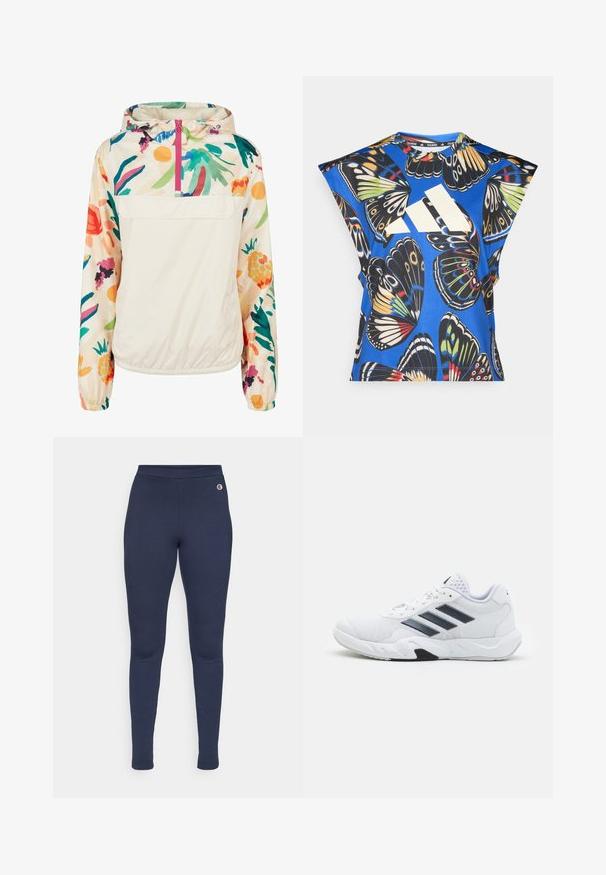 Lagani, krem pulover jakna s cvjetnim uzorkom u živim bojama. Ima prednji zip, kapuljaču i elastične manžete za sigurno prianjanje.; Plava košulja kratkih rukava s vibrantnim uzorkom leptira u raznim bojama, s velikim bijelim logom sprijeda i okruglim izrezom.; Mornarske tajice izrađene od rastezljivog materijala, s prilagođenim dizajnom, glatkim pojasom i malim logotipom na kuku.; Bijela atletska cipela s mrežastim gornjim dijelom, tri crne pruge sa strane, strukturirani detalji i čvrst gumeni potplat s kontrastnim crnim dijelom.