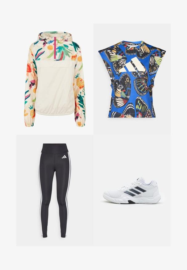 Lichtgewicht, crèmekleurige pulloverjack met een bloemenpatroon in levendige kleuren. Voorzien van een rits aan de voorkant, een capuchon en elastische manchetten voor een omsloten pasvorm.; Blauw T-shirt met korte mouwen, versierd met een levendige vlinderprint in verschillende kleuren, met een groot wit logo aan de voorkant en een ronde halslijn.; Zwarte legging met hoge taille, voorzien van witte zijkanten en een klein wit logo op de linkerbovenbeen. Gemaakt van een gladde, rekbare stof.; Witte sportieve schoen met een bovenwerk van mesh, drie zwarte strepen aan de zijkant, gestructureerde accenten en een stevige rubberen zool met een contrasterend zwart gedeelte.