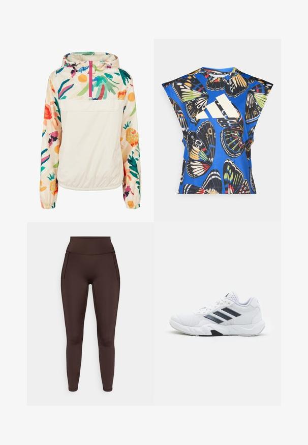 Giacca leggera a pullover in crema con un motivo floreale dai colori vivaci. Caratterizzata da una zip anteriore, cappuccio e polsini elastici per una vestibilità sicura.; Camicia blu a maniche corte con una vivace stampa di farfalle in vari colori, dotata di un grande logo bianco sul davanti e di un collo rotondo.; Leggings marroni a vita alta realizzati in tessuto elasticizzato con tasche laterali e una texture liscia. Presentano dettagli di cuciture minime.; Scarpa sportiva bianca con tomaia in mesh, tre strisce nere sui lati, dettagli testurizzati e una suola in gomma robusta con una sezione nera a contrasto.
