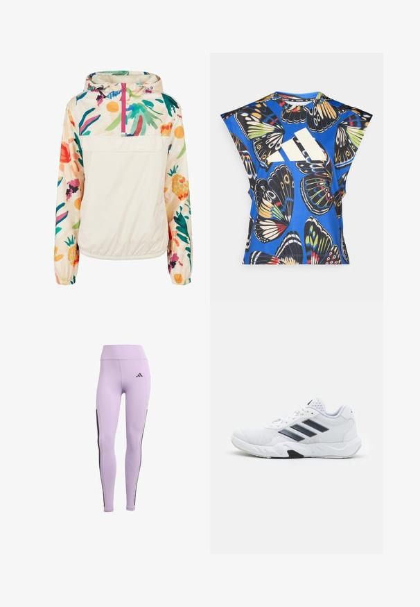 Veste à capuche légère en crème avec un motif floral aux couleurs vives. Elle dispose d'une fermeture éclair à l'avant et de poignets élastiques pour un ajustement sécurisé.; Chemise bleue à manches courtes ornée d'un imprimé de papillons colorés, avec un grand logo blanc sur le devant et un col rond.; Leggings de sport violets avec une taille haute, un tissu extensible, des bandes latérales noires et le logo Adidas à l'avant.; Baskets blanches avec une tige en maille, trois rayures noires sur le côté, des accents texturés et une semelle en caoutchouc robuste avec une section noire contrastante.