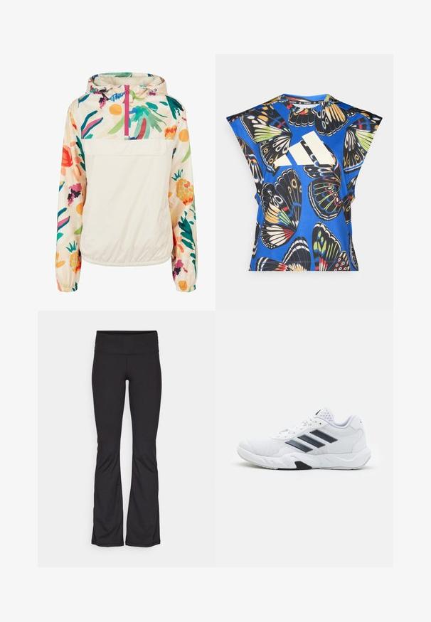 Giacca leggera a pullover in crema con un motivo floreale dai colori vivaci. Caratterizzata da una zip anteriore, cappuccio e polsini elastici per una vestibilità sicura.; Camicia blu a maniche corte con una vivace stampa di farfalle in vari colori, dotata di un grande logo bianco sul davanti e di un collo rotondo.; Champion PERFORMANCE FLARE LEGGINS - Leggings - black; Scarpa sportiva bianca con tomaia in mesh, tre strisce nere sui lati, dettagli testurizzati e una suola in gomma robusta con una sezione nera a contrasto.