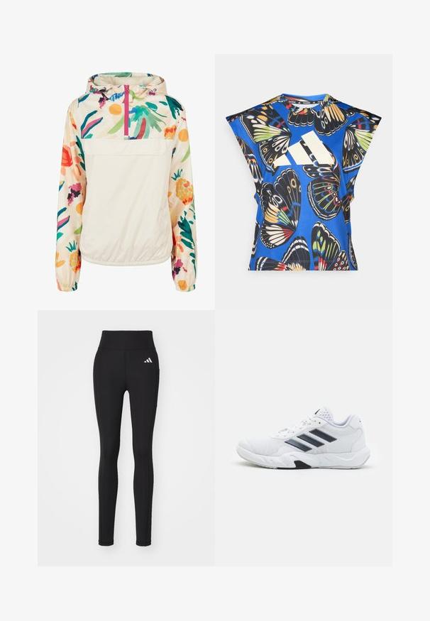 Giacca leggera a pullover in crema con un motivo floreale dai colori vivaci. Caratterizzata da una zip anteriore, cappuccio e polsini elastici per una vestibilità sicura.; Camicia blu a maniche corte con una vivace stampa di farfalle in vari colori, dotata di un grande logo bianco sul davanti e di un collo rotondo.; Leggings sportivi neri con vita alta, realizzati in tessuto elastico. Presentano un logo bianco sull'anca e un colore uniforme in tutto il capo.; Scarpa sportiva bianca con tomaia in mesh, tre strisce nere sui lati, dettagli testurizzati e una suola in gomma robusta con una sezione nera a contrasto.