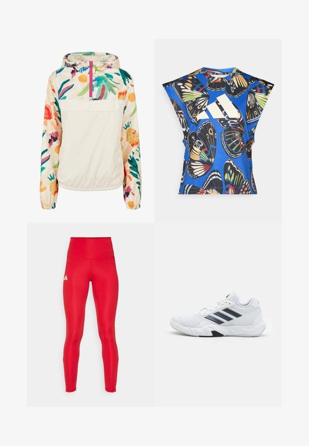 Jachetă pulover ușoară, din crem, cu un model floral în culori vibrante. Are un fermoar frontal, gluga și manșete elastice pentru o fixare sigură.; Cămașă albastră cu mânecă scurtă, decorată cu un imprimeu vibrant de fluturi în diverse culori, având un mare logo alb pe față și un guler rotund.; adidas Performance Colanți de alergare - team power red; Adidași albi cu partea superioară din plasă, trei dungi negre pe lateral, accente texturate și o talpă din cauciuc solidă cu o secțiune contrastantă neagră.
