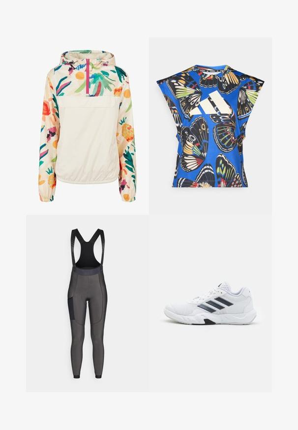 Ľahká, krémová puloverová bunda s kvetinovým vzorom v živých farbách. Obsahuje predný zips, kapucňu a elastické manžety pre bezpečné uchytenie.; Modrá košeľa s krátkym rukávom s živým potlačou motýľa v rôznych farbách, s veľkým bielym logom na prednej strane a okrúhlym výstrihom.; Cyklistické legíny v štýle bib v tmavosivej farbe. Vyrobené z elastického materiálu, s vypchávkou na sedadle, sieťovými ramienkami a bočnou kapsou. Hladká textúra.; Biele športové topánky s ventilovaným vrchom, tromi čiernymi pruhmi po stranách, textúrovanými akcentmi a pevným gumovým podošvom s kontrastnou čiernou časťou.