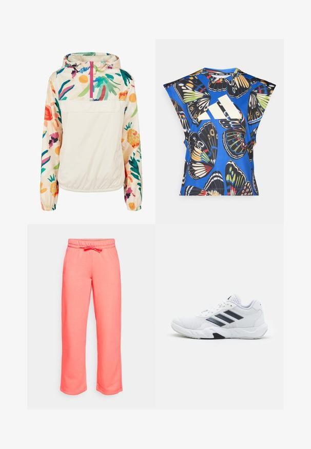 Könnyű, krémszínű pulóver dzseki élénk színekben pompázó virágmintával. Elöl cipzárral, kapucnival és elasztikus mandzsettákkal a biztonságos illeszkedés érdekében.; Kék, rövid ujjú ing, amelyet élénk pillangó mintázat díszít különböző színekben, az elején egy nagy fehér logóval és kerek nyakkivágással.; Korall színű melegítőnadrág puha anyagból. Rugalmas derékkal és zsinórral rendelkezik, egyenes szabású. Zsebek nélkül.; Fehér sportcipő, hálós felsőrésszel, az oldalon három fekete csíkkal, textúrázott részletekkel és egy tartós gumi talppal, amelynek ellentétes fekete szakasza van.