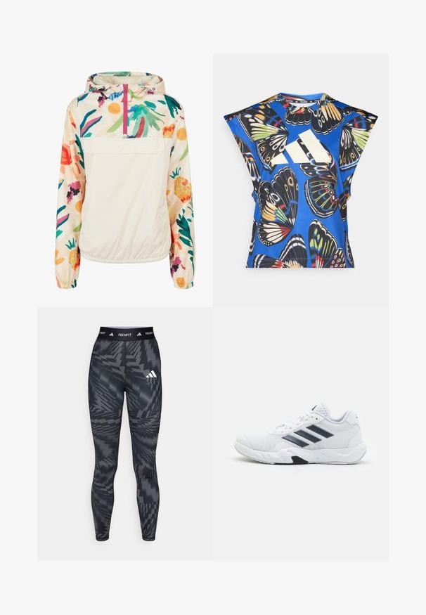 Könnyű, krémszínű pulóver dzseki élénk színekben pompázó virágmintával. Elöl cipzárral, kapucnival és elasztikus mandzsettákkal a biztonságos illeszkedés érdekében.; Kék, rövid ujjú ing, amelyet élénk pillangó mintázat díszít különböző színekben, az elején egy nagy fehér logóval és kerek nyakkivágással.; Fekete és szürke mintás leggings, szoros fazonnal, sima anyagból készült, elasztikus derékkal, amelyen a "TECHFIT" felirat és három csíkos logó található.; Fehér sportcipő, hálós felsőrésszel, az oldalon három fekete csíkkal, textúrázott részletekkel és egy tartós gumi talppal, amelynek ellentétes fekete szakasza van.