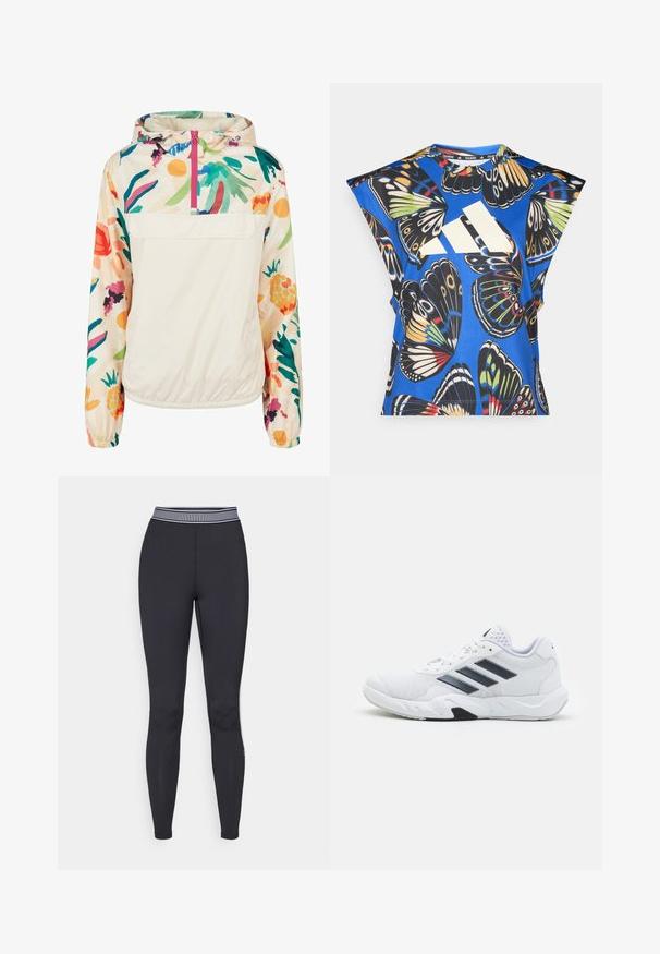 Gaišs, krēmkrāsas džemperis ar ziedu rakstu spilgtās krāsās. Iespējas ietver priekšējo rāvējslēdzēju, kapuci un elastīgas aproces drošai piegulšanai.; Zils īsām piedurknēm krekls ar dzīvīgu tauriņu drukājumu dažādās krāsās, ar lielu baltu logo priekšpusē un apaļu kakla izgriezumu.; Melnas legingi, izgatavoti no elastīga materiāla, ar svītrotu elastīgu jostu un šauru piegriezumu. Nav redzamu rakstu vai papildu dekoratīvu elementu.; Baltā sporta apavi ar sietu augšdaļu, trīs melnām svītrām sānos, teksturētām akcentiem un izturīgu gumijas zoli ar kontrastējošu melnu daļu.