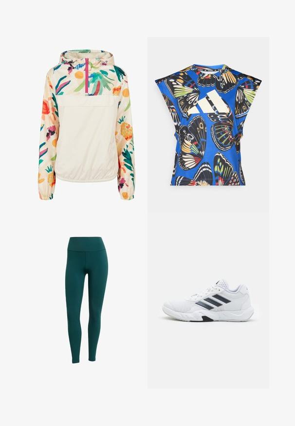 Lightweight, cream pullover jacket with a floral pattern in vibrant colors. Features a front zip, hood, and elastic cuffs for a secure fit.; Blue short-sleeve shirt featuring a vibrant butterfly print in various colors, with a large white logo on the front and a round neckline.; Teal leggings with a high waist, made of stretchy fabric, featuring a smooth texture and a fitted silhouette, ideal for active wear.; White athletic shoe with mesh upper, three black stripes on the side, textured accents, and a sturdy rubber sole with a contrasting black section.