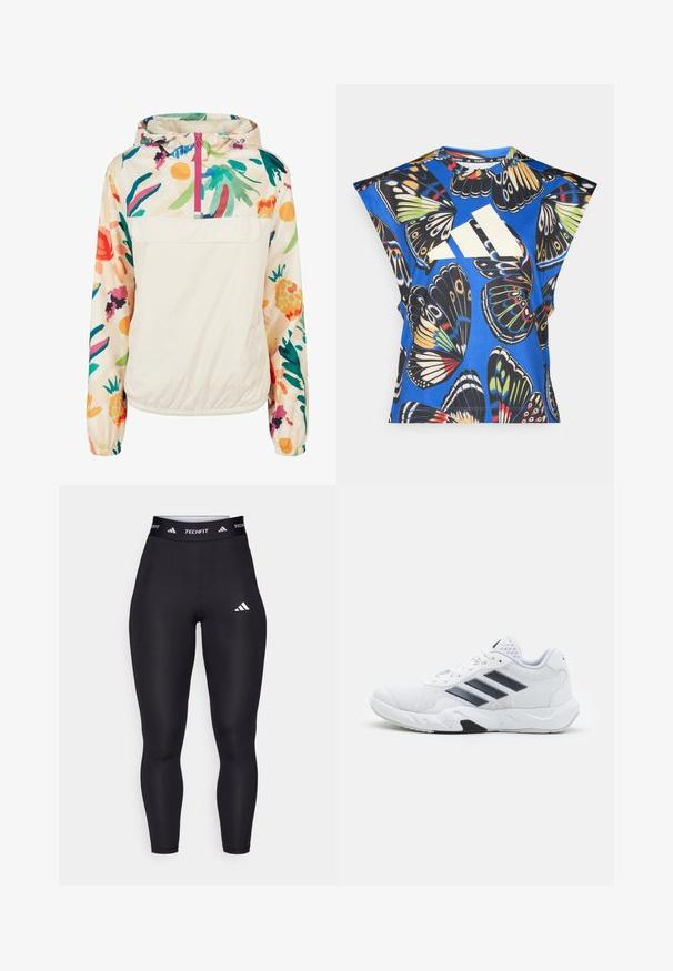 Veste à capuche légère en crème avec un motif floral aux couleurs vives. Elle dispose d'une fermeture éclair à l'avant et de poignets élastiques pour un ajustement sécurisé.; Chemise bleue à manches courtes ornée d'un imprimé de papillons colorés, avec un grand logo blanc sur le devant et un col rond.; Leggings BlackTechfit avec une taille haute, en tissu lisse, arborant un logo Adidas blanc et une marque le long de la taille.; Baskets blanches avec une tige en maille, trois rayures noires sur le côté, des accents texturés et une semelle en caoutchouc robuste avec une section noire contrastante.