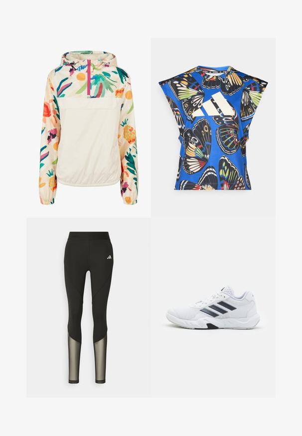 Giacca leggera a pullover in crema con un motivo floreale dai colori vivaci. Caratterizzata da una zip anteriore, cappuccio e polsini elastici per una vestibilità sicura.; Camicia blu a maniche corte con una vivace stampa di farfalle in vari colori, dotata di un grande logo bianco sul davanti e di un collo rotondo.; Leggings sportivi neri con vita alta, dotati di inserti in rete sulla parte inferiore delle gambe e di un logo ricamato sull'anca.; Scarpa sportiva bianca con tomaia in mesh, tre strisce nere sui lati, dettagli testurizzati e una suola in gomma robusta con una sezione nera a contrasto.
