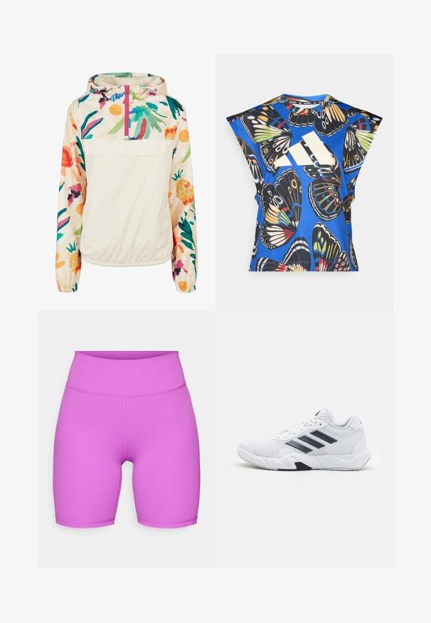 Lightweight, cream pullover jacket with a floral pattern in vibrant colors. Features a front zip, hood, and elastic cuffs for a secure fit.; Blue short-sleeve shirt featuring a vibrant butterfly print in various colors, with a large white logo on the front and a round neckline.; adidas Performance ALL ME ESSENTIALS SHORT LEGGINGS - Leggings - purple burst; White athletic shoe with mesh upper, three black stripes on the side, textured accents, and a sturdy rubber sole with a contrasting black section.