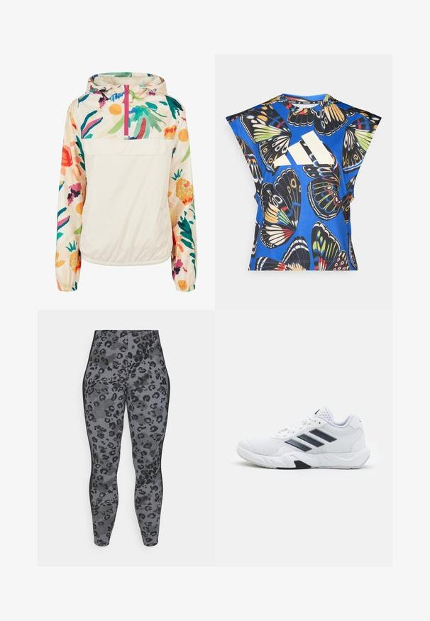 Gaišs, krēmkrāsas džemperis ar ziedu rakstu spilgtās krāsās. Iespējas ietver priekšējo rāvējslēdzēju, kapuci un elastīgas aproces drošai piegulšanai.; Zils īsām piedurknēm krekls ar dzīvīgu tauriņu drukājumu dažādās krāsās, ar lielu baltu logo priekšpusē un apaļu kakla izgriezumu.; Pelēki legingi ar melnu leoparda rakstu, izgatavoti no elastīga auduma, ar augstu jostu un pieguļošu dizainu.; Baltā sporta apavi ar sietu augšdaļu, trīs melnām svītrām sānos, teksturētām akcentiem un izturīgu gumijas zoli ar kontrastējošu melnu daļu.